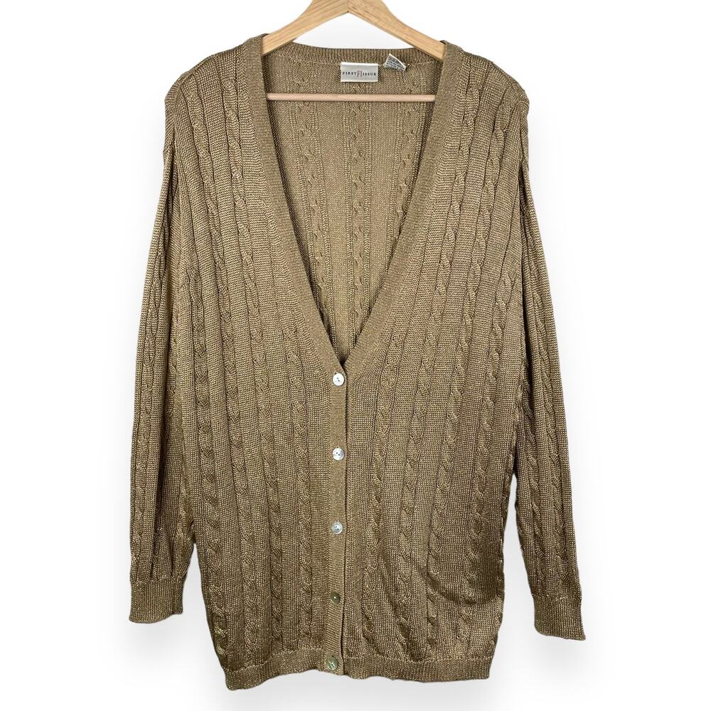 Vintage Gold Cable Knit Cardigan Sweater V Neck Preppy Size L